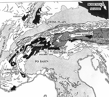 Sketch map of the geographic/geologic units assigned to Europe’s Alps and related tectonic blocks.