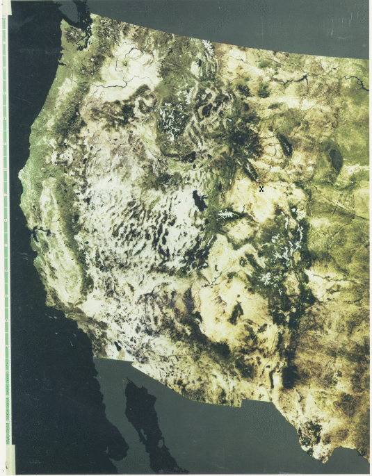 A quasi-natural color mosaic of the entire western half of the United States, from Canada to Mexico and from the Great Plains to the Pacific coast; made for the National Geographic Society by General Electric Space Division using Landsat imagery.