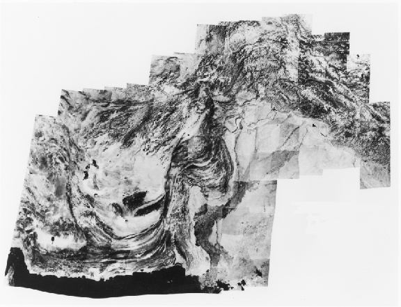 Black and white Landsat mosaic centered on Pakistan, with adjacent parts of Iran and India, showing a key part of the great tectonic belt that extends westward into the Mediterranean Alps and eastward into the Himalayas.