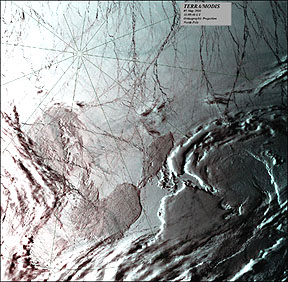 The North Pole (upper left) located on the sea ice covering the Arctic Ocean; MODIS image.