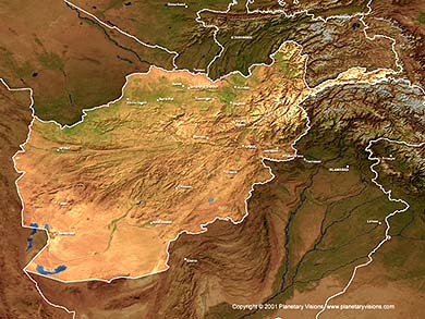 The boundaries of Aghanistan and adjacent countries, superimposed on a Landsat mosaic; Planetary Visions, LTD
